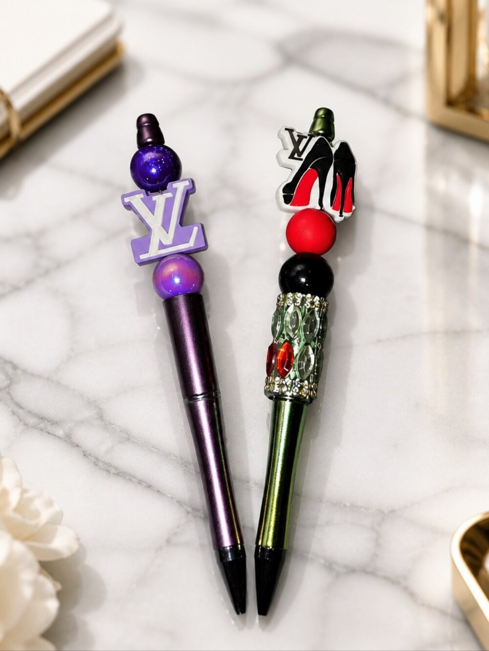 Handcrafted Decorative Beaded Pens — Purple & Green